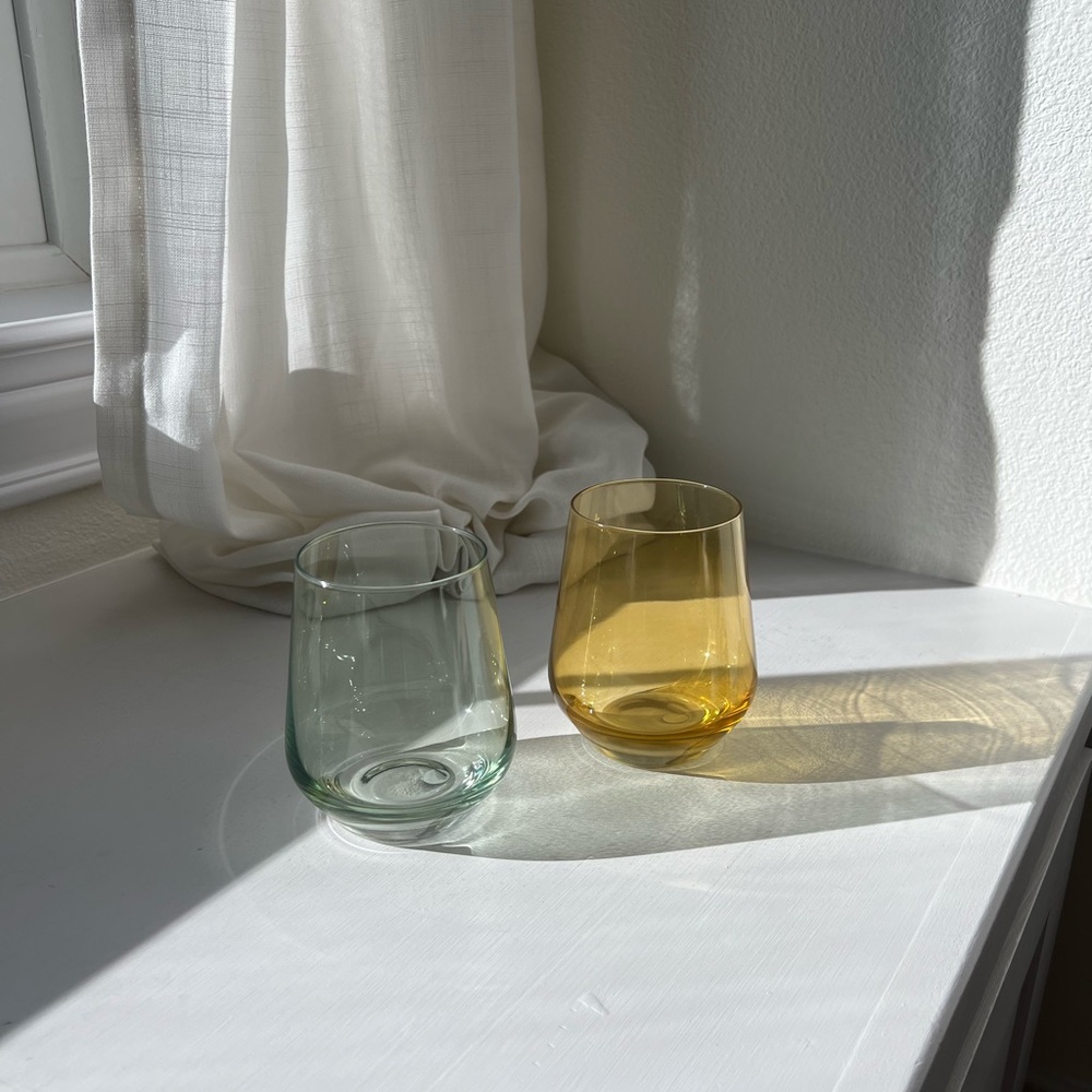 Estelle Hand-Blown Stemless Wine Glass Set - Green and Yellow